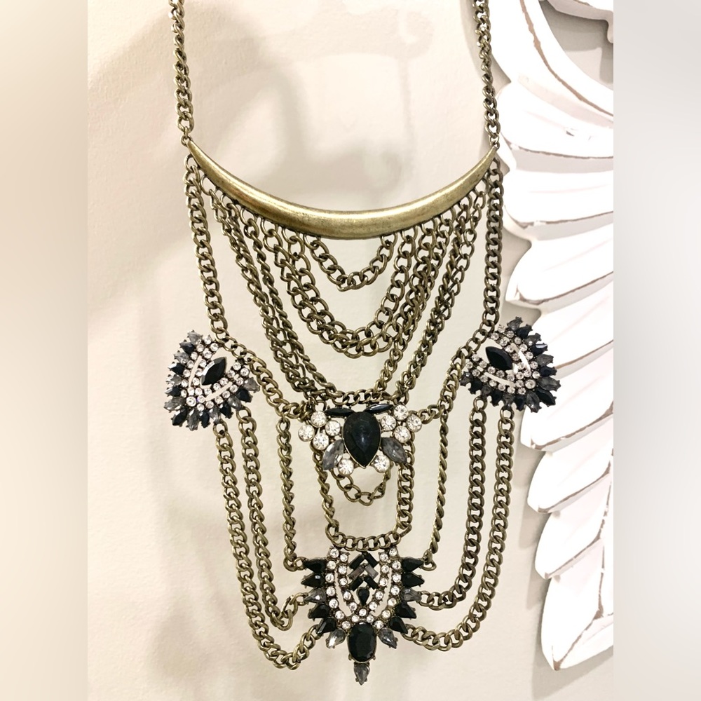 Patina, black gemmed necklace. Vintage inspired.
